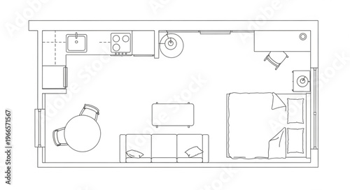 Detailed Floor Plan of a Compact Studio Apartment Layout.