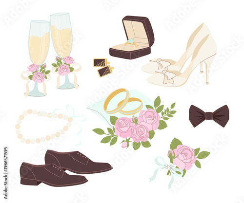 Large vector set of wedding accessories golden rings, bride shoes, groom suit elements, champagne and pearl necklace. Full bridal collection for invitations and design. Vector art.