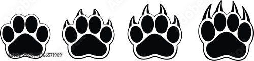 Four unique black paw print vectors with sharp, stylized claws, lined up horizontally.