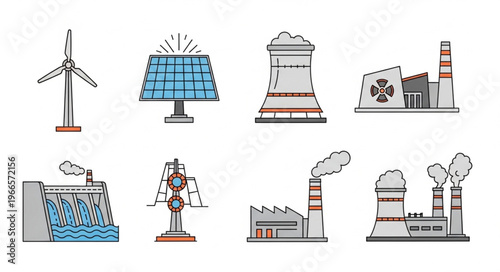 Diverse Energy Sources - Wind, Solar, Nuclear, Hydro, and Fossil Fuel Power Plants.