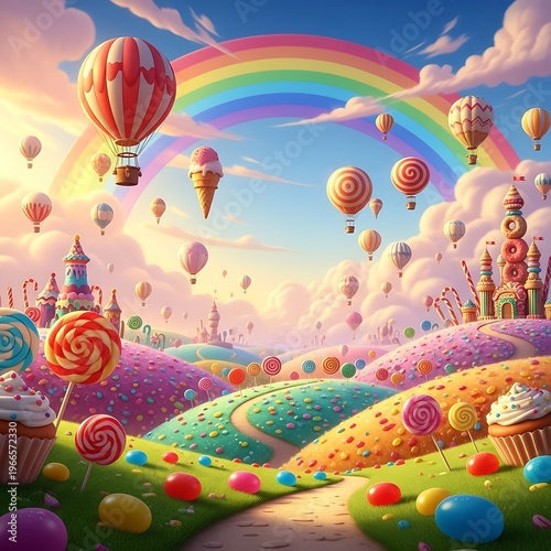 Candy land with rainbow, hot air balloons and sweet treats under blue sky.