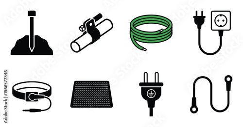 Electrical grounding equipment icons set featuring earth wire plugs sockets and protection systems