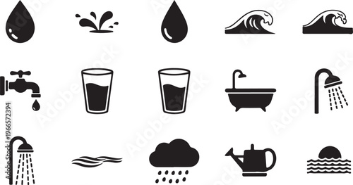 Collection of black minimalist icons related to water, including waves, drops, glasses of water, bathtub, shower, faucet, and rain clouds.