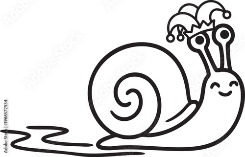 Whimsical cartoon snail wearing a jester hat and leaving a wavy trail Keywords: cartoon, snail