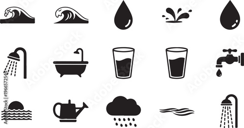 Collection of black minimalist icons related to water, including waves, drops, glasses of water, bathtub, shower, faucet, and rain clouds.