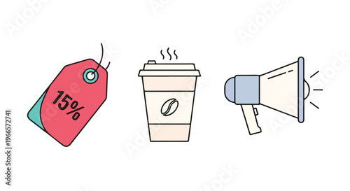 Flat lay of a discount tag, steaming coffee cup, and megaphone on a white background with a promotional and advertising theme.