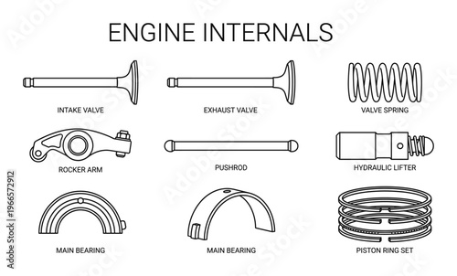 Engine internals line icons showcasing intake valve exhaust valve rocker arm and main bearing designs
