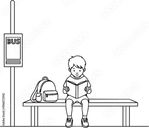 Young boy sitting on a bus stop bench reading a book with a backpack beside him Keywords: boy