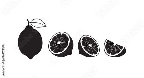 A black and white illustration of lemon slices and a whole lemon