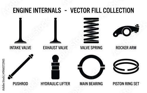 Engine internals vector fill collection with valves spring rocker arm pushrod and piston ring set