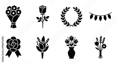 Floral bouquet icons set isolated on transparent grid background rose flower wreath garland