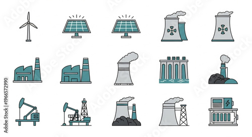 Diverse Energy Sources - Wind, Solar, Nuclear, and Fossil Fuel Icons.