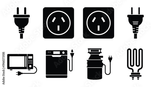 Home electrical appliance icons including microwave oven dishwasher power outlets and heater element