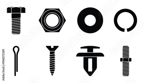 Industrial fastener icons set including bolts nuts screws and washers for hardware engineering work