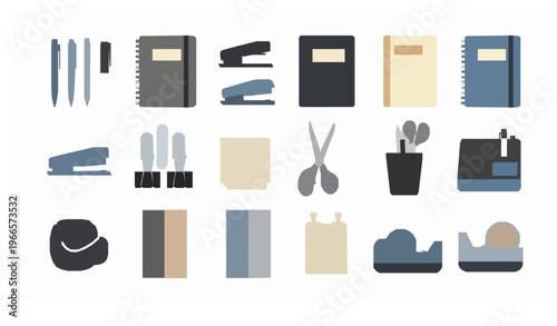 Office accessories vector set with pens notebooks staplers and desk supplies flat design