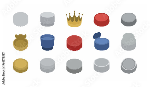 Bottle cap vector set with twist-off crown flip-top and sports caps flat design