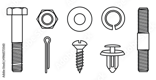 Mechanical fastener line icons set with bolt nut screw and various washers for technical blueprints