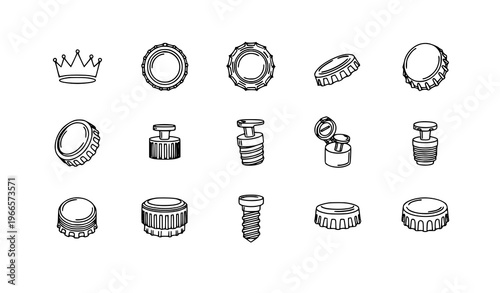 Minimal line bottle cap icon set with twist-off crown and flip-top caps vector illustration