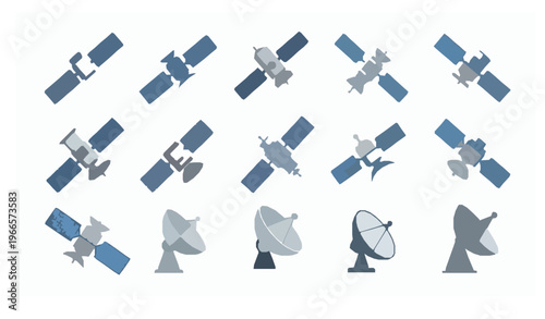 Satellite vector set with communication GPS weather and solar satellites flat design illustration