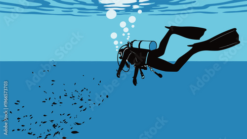 Diver explores underwater world while fish swim below on a sunny day