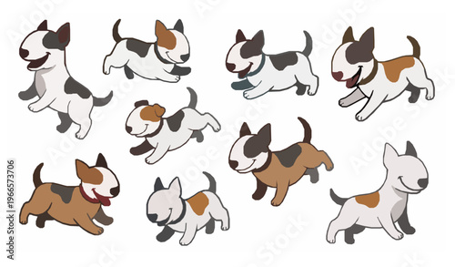 Cartoon Bull Terrier dog vector set with playful pets and cute puppy characters illustration