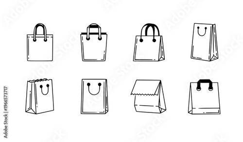 Minimal line paper bag icon set with grocery shopping and lunch packaging symbols vector