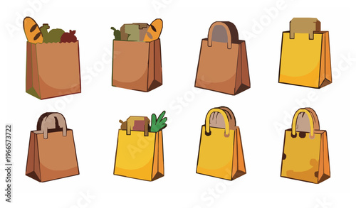 Cartoon paper bag vector set with cute grocery and lunch bags colorful illustration