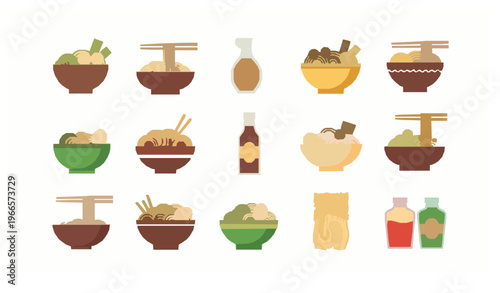 Noodle vector set with ramen spaghetti udon bowls and ingredients flat design illustration