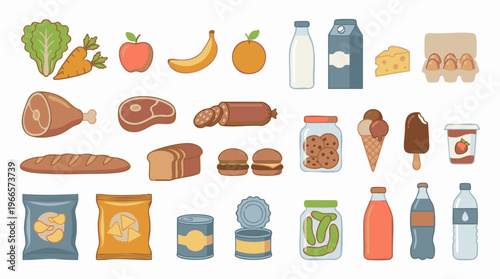 Set of various food products and grocery items on a white background