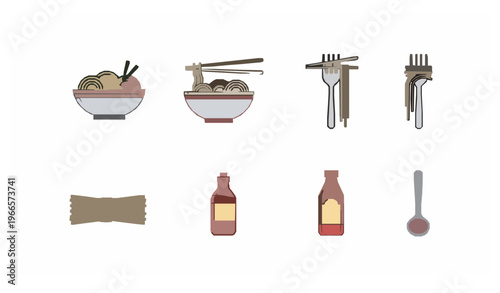 Minimal line noodle icon set with ramen spaghetti udon and food symbols vector illustration