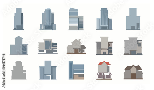 Modern building vector set with skyscrapers apartments offices and houses flat design