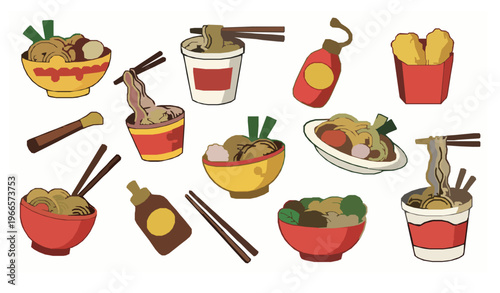 Cartoon noodle vector set with colorful ramen spaghetti udon and playful food illustration