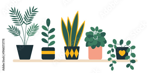 Indoor wooden shelf with five potted plants, decorative houseplants illustration for interior design, home decoration, gardening, natural lifestyle, and modern living projects.