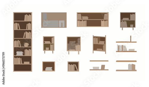 Bookshelf vector set with tall shelves wall-mounted and corner bookcases flat design illustration