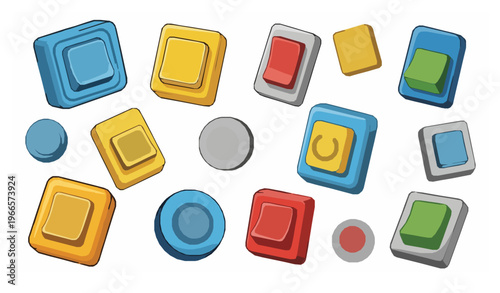 Cartoon electric switch vector set with colorful power buttons and playful control icons illustration