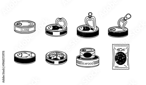 Minimal line canned fish icon set with seafood tins and packaging symbols vector illustration