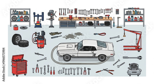 Car Restoration Scene - Classic Car Surrounded by Tools and Equipment.