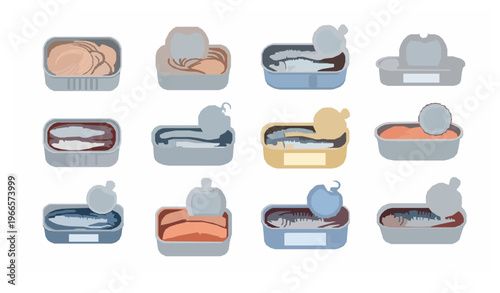 Canned fish vector set with tuna sardines and seafood tins in flat realistic style isolated on white