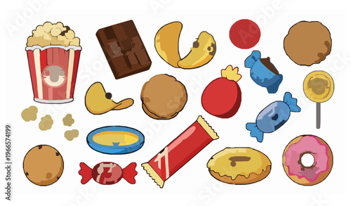 Cartoon snack vector set with colorful fast food treats and cute dessert characters illustration