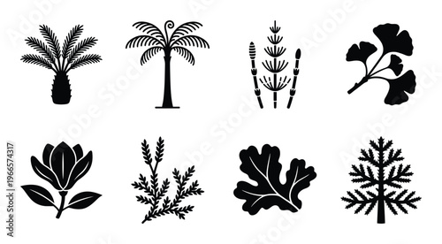 Prehistoric plant and ancient tree silhouettes including ginkgo biloba palm and magnolia flower set