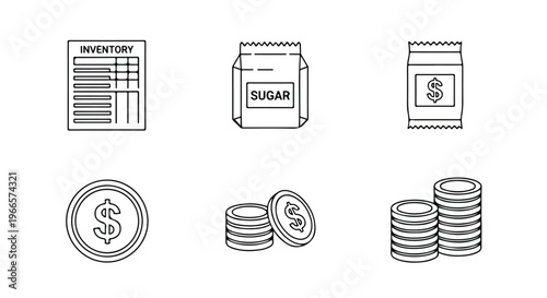 Black and white line art illustration set of financial and inventory icons on a white background.