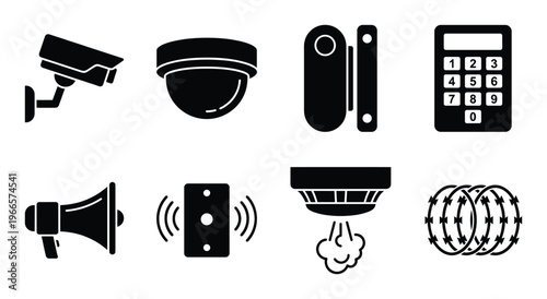 Security system icons set vector illustration surveillance camera cctv dome siren alarm sensor