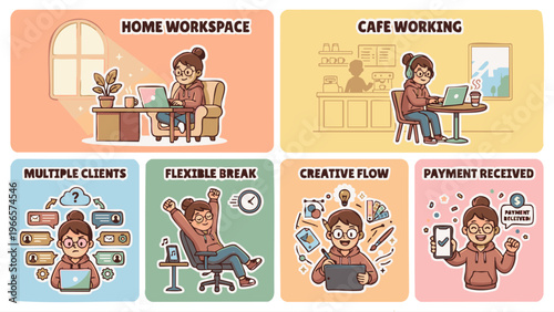 Freelance lifestyle cartoon sticker set featuring female digital nomad working from home and cafe managing multiple clients creative design process flexible break and receiving online payment