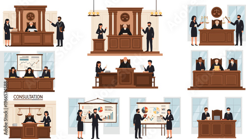 Courtroom and Legal Consultation Illustrations Featuring Judges, Lawyers, and Data Analysis in Legal Proceedings