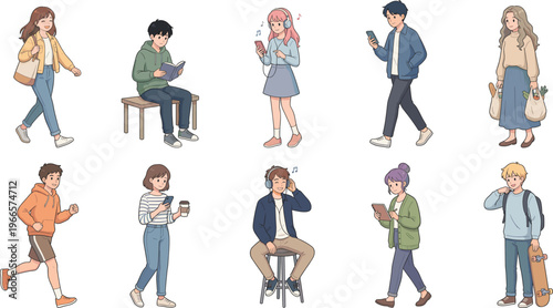 Young People Lifestyle Characters Set with Students Walking, Using Smartphone, Listening to Music, Reading, Sitting, and Daily Activities Illustration Collection