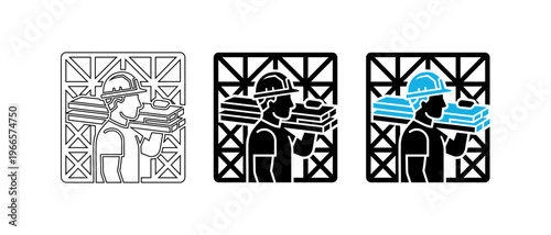 Construction Worker Carrying Wood Lumber on Shoulder at Building Site Icon