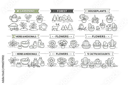 Outline set of plants, gardening, forest, and houseplants