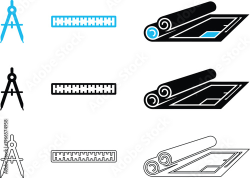 Professional Architecture and Engineering Blueprint Design Icons Set with Compass and Ruler Tools