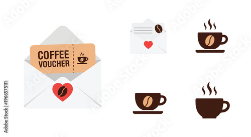 Flat lay of coffee icons and a gift voucher on an envelope against a clean white background.