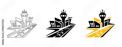 Modern Airport Terminal with Control Tower Runway and Airplane Vector Icon Set for Travel Design